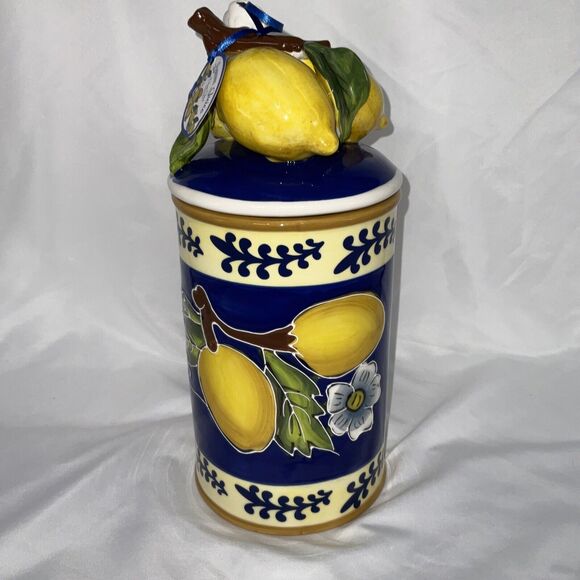 NWT BLUE SKY CLAYWORKS LEMON JUICE BLUE YELLOW WHITE SMALL CANISTER COOKIE JAR - Picture 4 of 8